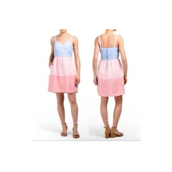 CYNTHIA ROWLEY Dress, 100% Linen, Colorblock , Size 4 Blue Pink Red - Picture 1 of 9